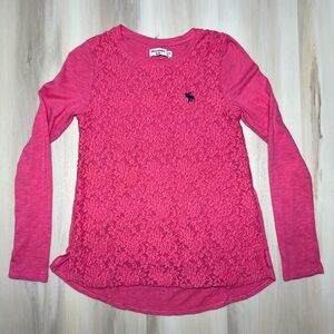 Abercrombie Fitch Long Sleeve T-Shirt Pink Floral Lace Moose Embroidered Y2K Kid
